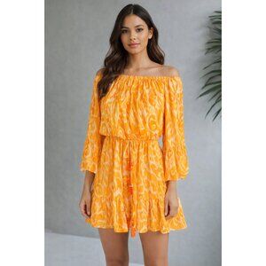 Blue Island Orange Patterned Off-The-Shoulder Mini Dress | Size Small